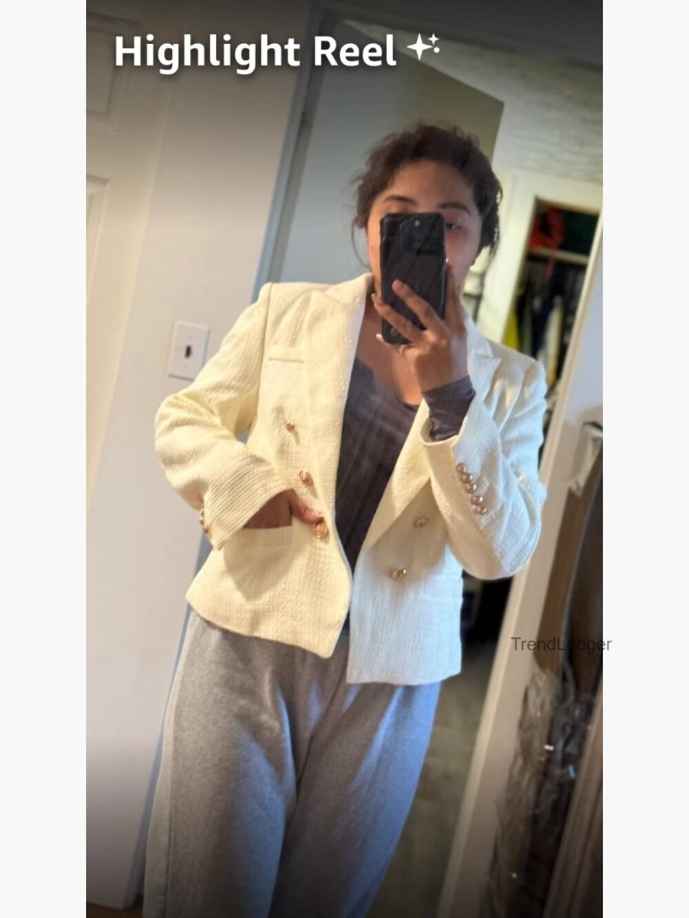 Cropped Tweed Blazer Jacket Open Front Long Sleeve Business Suit with Pockets - Picture 7 of 7